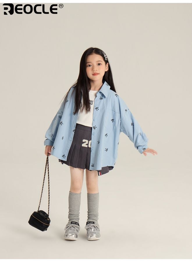 ريوكل بلوزة للبنات مع ربطة عنق بتصميم مطبوع كامل وميزة ياقة تعطي طابع أزياء بأسلوب لطيف للملابس الخارجية غير الرسمية - Image 2