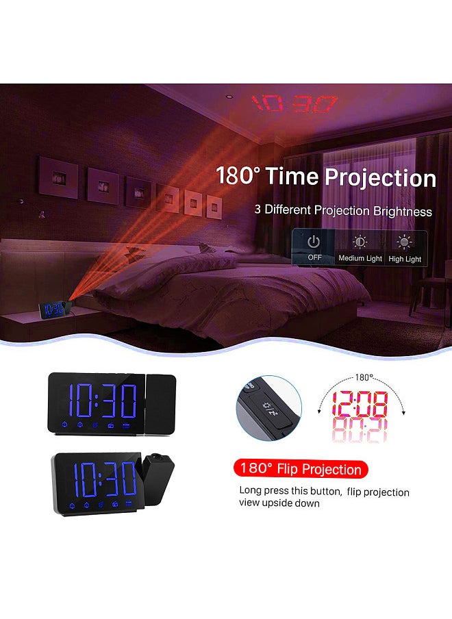 Projection Alarm Clock 180°Projector with FM Radio Snooze Function 4 Dimmer Dual Alarm USB Charging Digital Clock 12H/24H for Bedrooms