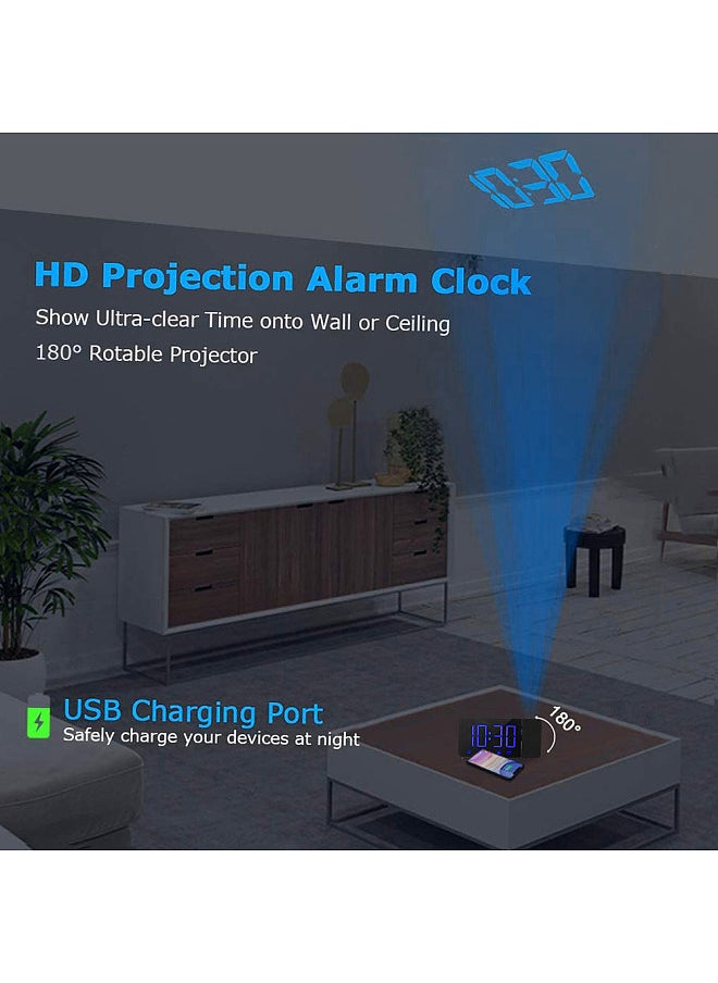 Projection Alarm Clock 180°Projector with FM Radio Snooze Function 4 Dimmer Dual Alarm USB Charging Digital Clock 12H/24H for Bedrooms