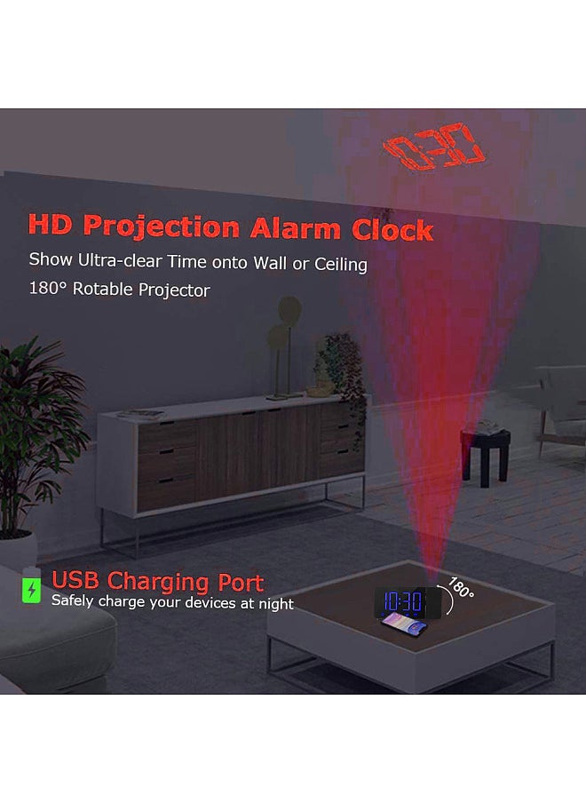 Projection Alarm Clock 180°Projector with FM Radio Snooze Function 4 Dimmer Dual Alarm USB Charging Digital Clock 12H/24H for Bedrooms