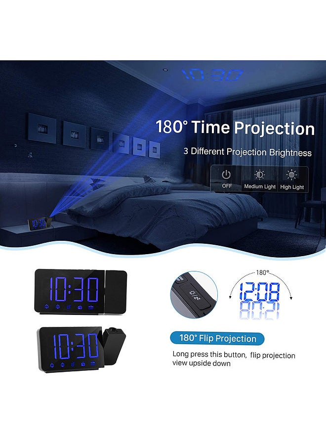 Projection Alarm Clock 180°Projector with FM Radio Snooze Function 4 Dimmer Dual Alarm USB Charging Digital Clock 12H/24H for Bedrooms