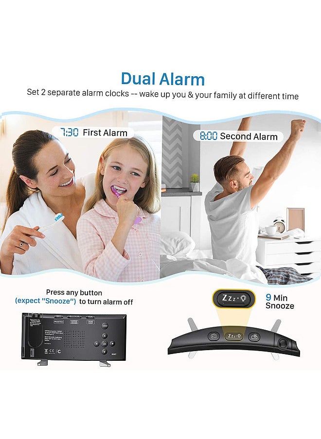Projection Alarm Clock 180°Projector with FM Radio Snooze Function 4 Dimmer Dual Alarm USB Charging Digital Clock 12H/24H for Bedrooms