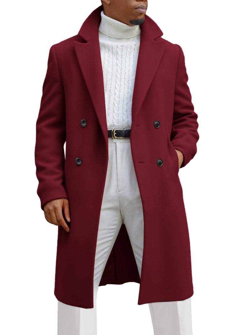Runcati Mens Trench Coat Notched Lapel Double Breasted Mid Long Pea Coat Casual Fall Winter Classic Overcoat - Image 1