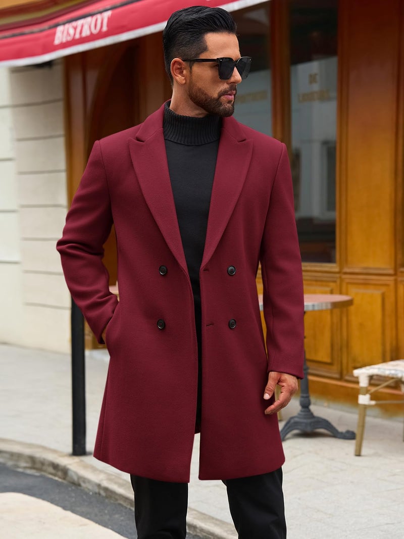 Runcati Mens Trench Coat Notched Lapel Double Breasted Mid Long Pea Coat Casual Fall Winter Classic Overcoat - Image 2