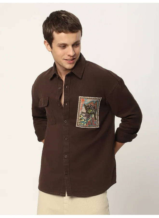 بيونغ Brown Embroidered Applique Patch Shirt