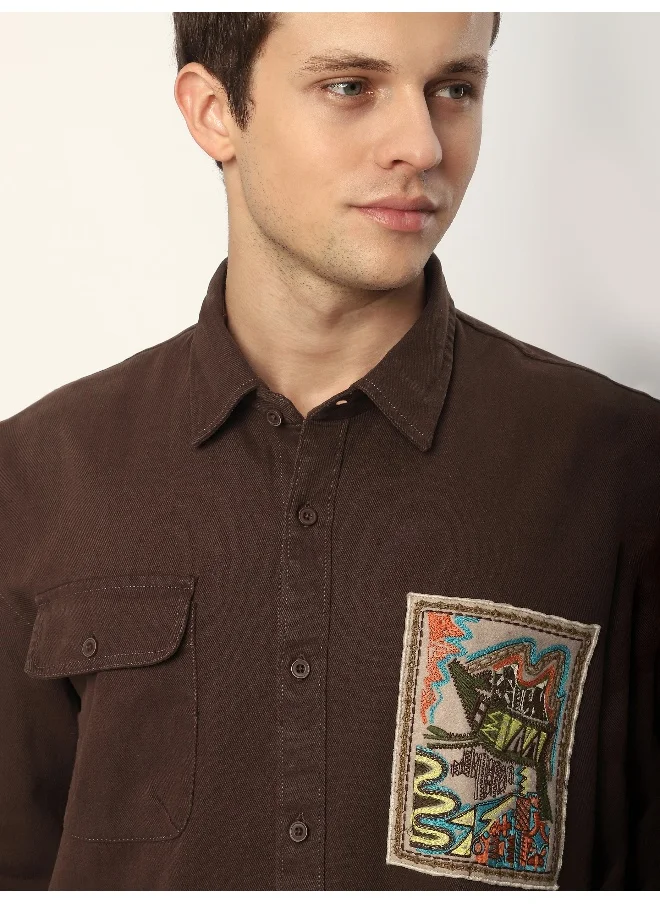 بيونغ Brown Embroidered Applique Patch Shirt