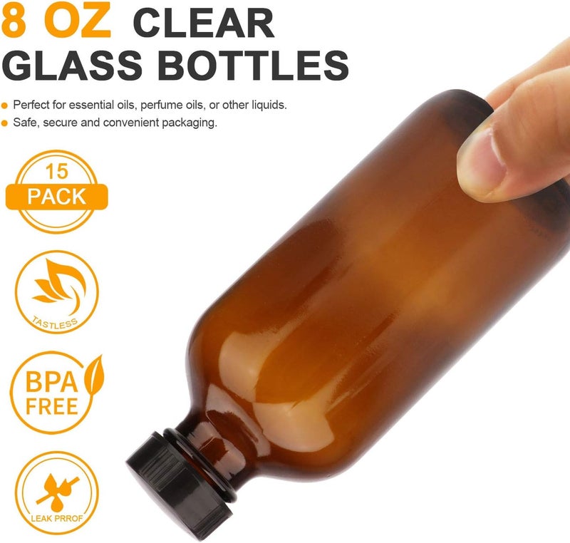 Maredash 8oz Amber Glass Bottles, 20 Pack Glass Storage Bottles with Black Lids (Brown, 20 Labels, with Funnels, Droppers and Brush) - Image 4