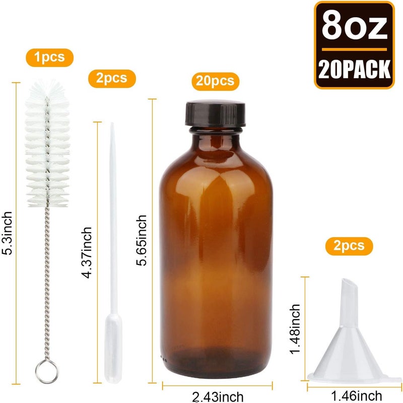 Maredash 8oz Amber Glass Bottles, 20 Pack Glass Storage Bottles with Black Lids (Brown, 20 Labels, with Funnels, Droppers and Brush) - Image 2