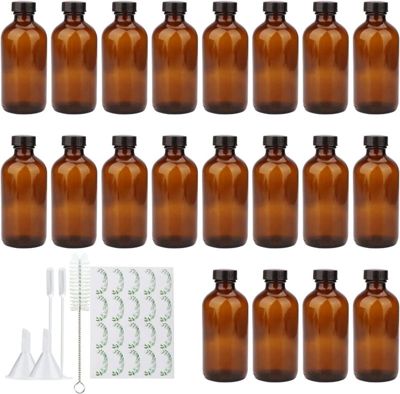 Maredash 8oz Amber Glass Bottles, 20 Pack Glass Storage Bottles with Black Lids (Brown, 20 Labels, with Funnels, Droppers and Brush) - Image 1