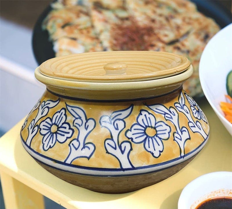 Octa Store Ceramic Handi with Lid, Yellow, 1000 ML, Mughal Curd and Sauce Pot, Hand Painted for Serving Dal, Curry, and Dining Tableware 