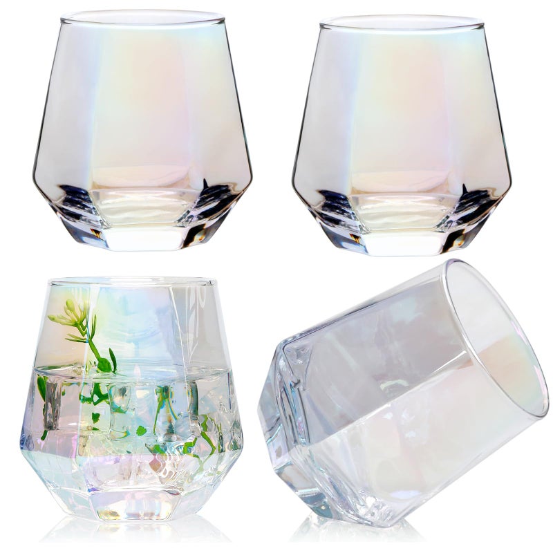 Ufrount Wine Glasses Set of 4Iridescent Stemless Wine Glasses for Red and White WineGeometric 10oz Diamond Shaped Glass Cups for WhiskeyCocktailBourbonJuiceWater
