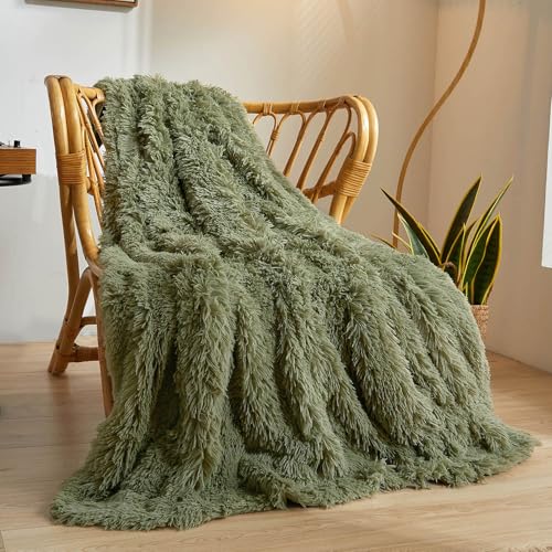 XeGe Luxury Faux Fur Throw, Moss Green Soft 50x60 Fluffy Blanket, Shaggy Plush Decorative Couch Throw, Cute Furry Throw Fuzzy Office Lap Blanket for Bedroom Living Room Sage Green - Image 1