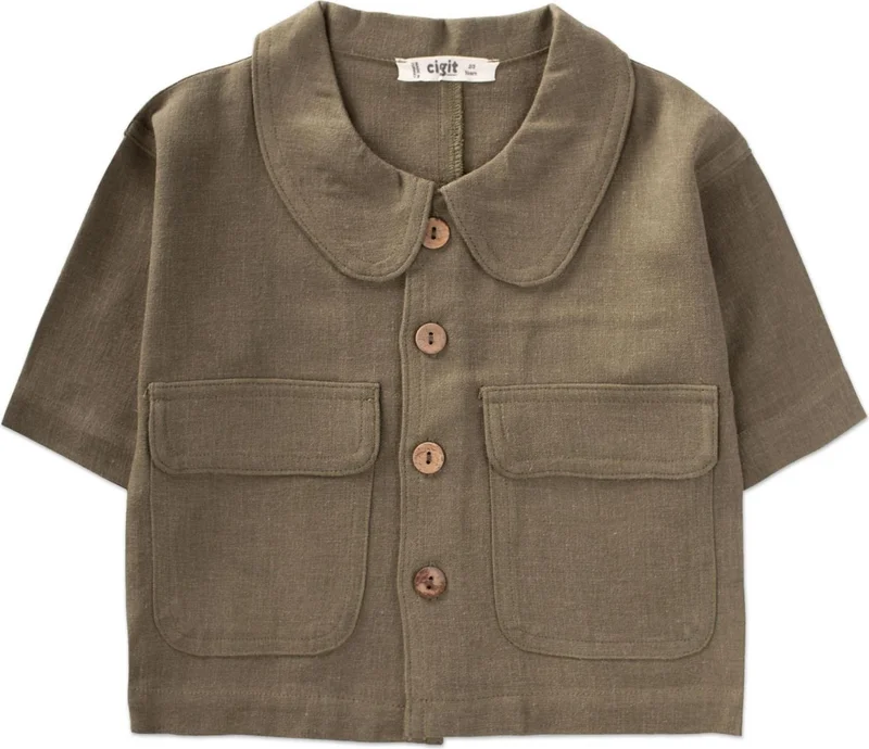 Cigit Sarh Linen Buttoned Jacket Khaki Green