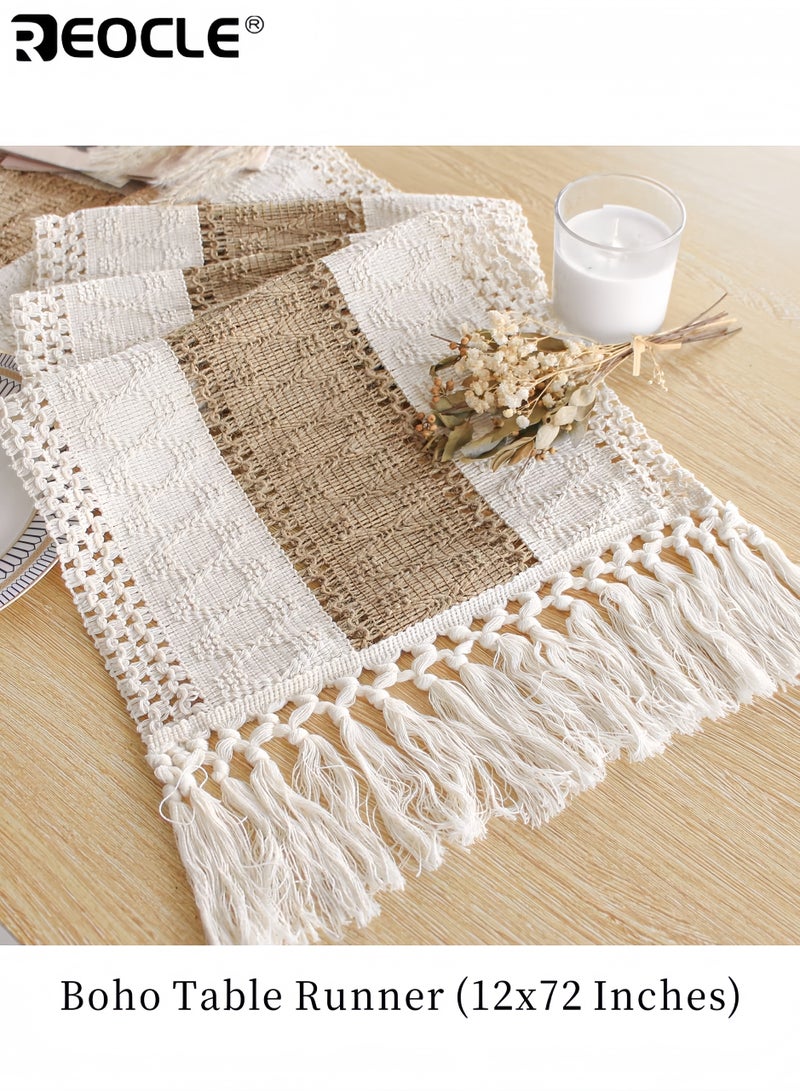 REOCLE Boho Table Runner with Tassel Design and Macrame Burlap Texture Farmhouse Table Decor with Rustic Style for Living Room Dining Decor - Image 1