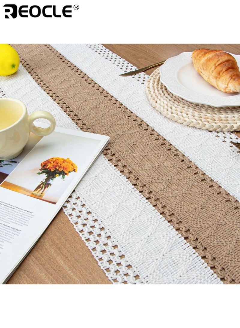 REOCLE Boho Table Runner with Tassel Design and Macrame Burlap Texture Farmhouse Table Decor with Rustic Style for Living Room Dining Decor - Image 4