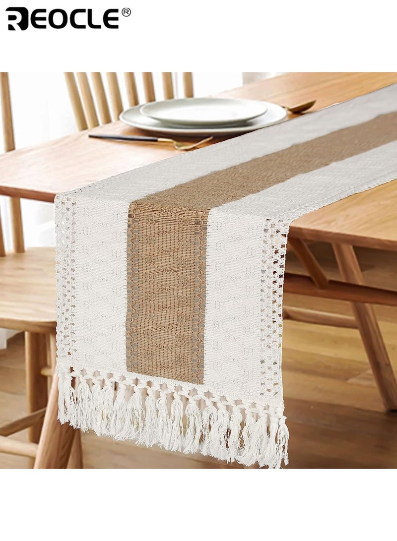 REOCLE Boho Table Runner with Tassel Design and Macrame Burlap Texture Farmhouse Table Decor with Rustic Style for Living Room Dining Decor - Image 2