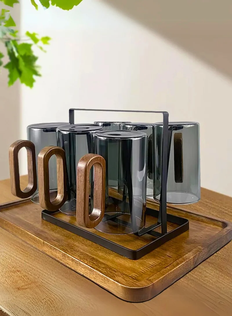 1Chase Smoky Grey Borosilicate Glass Mugs with Walnut Acacia Wooden Handle – 350ML (Set of 2)