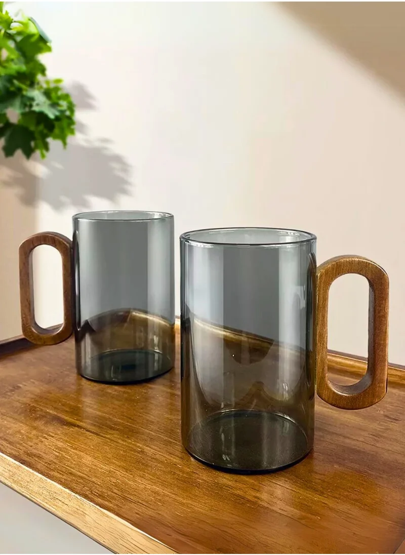 1Chase Smoky Grey Borosilicate Glass Mugs with Walnut Acacia Wooden Handle – 350ML (Set of 2)
