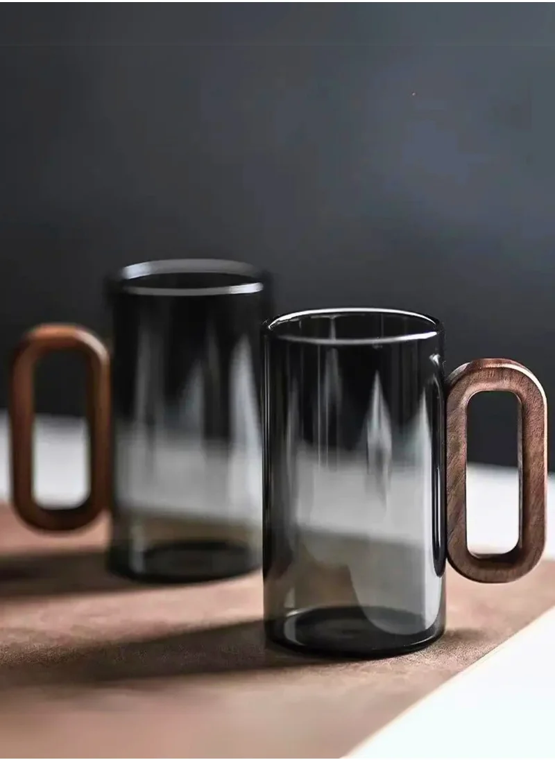 1Chase Smoky Grey Borosilicate Glass Mugs with Walnut Acacia Wooden Handle – 350ML (Set of 2)
