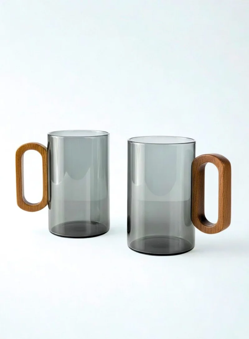 1Chase Smoky Grey Borosilicate Glass Mugs with Walnut Acacia Wooden Handle – 350ML (Set of 2)