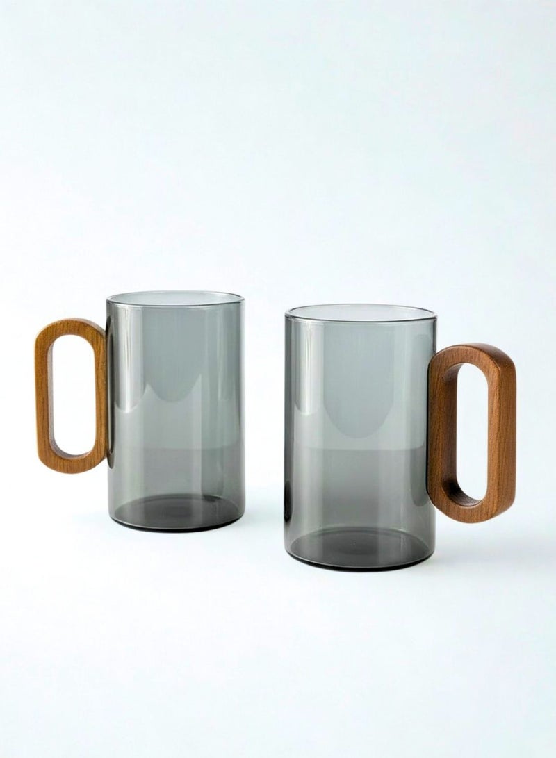 1Chase Smoky Grey Borosilicate Glass Mugs with Walnut Acacia Wooden Handle – 350ML (Set of 2) - Image 1