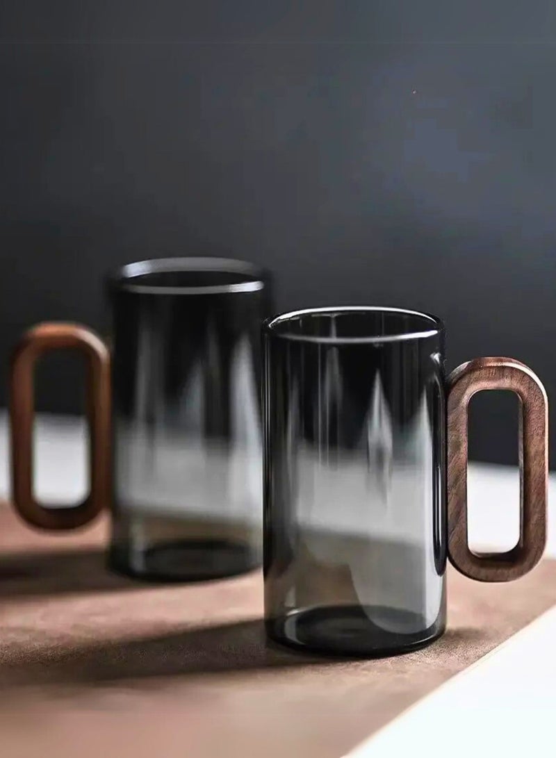 1Chase Smoky Grey Borosilicate Glass Mugs with Walnut Acacia Wooden Handle – 350ML (Set of 2) - Image 3