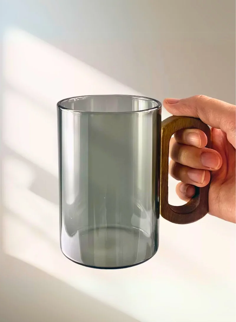 1Chase Smoky Grey Borosilicate Glass Mugs with Walnut Acacia Wooden Handle – 350ML (Set of 2)
