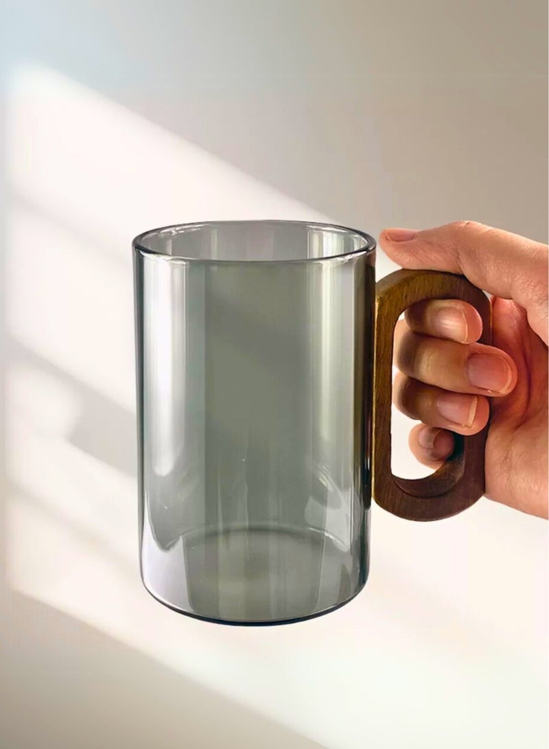 1Chase Smoky Grey Borosilicate Glass Mugs with Walnut Acacia Wooden Handle – 350ML (Set of 2) - Image 2