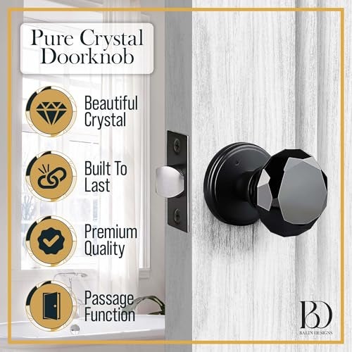 Balin Designs Black Crystal Door Knob, Glass Door Knobs Interior Non-Locking Set, Antique Decorative Vintage Style for Hallway, Closet, Passage Doors, 1 Pack - Image 3