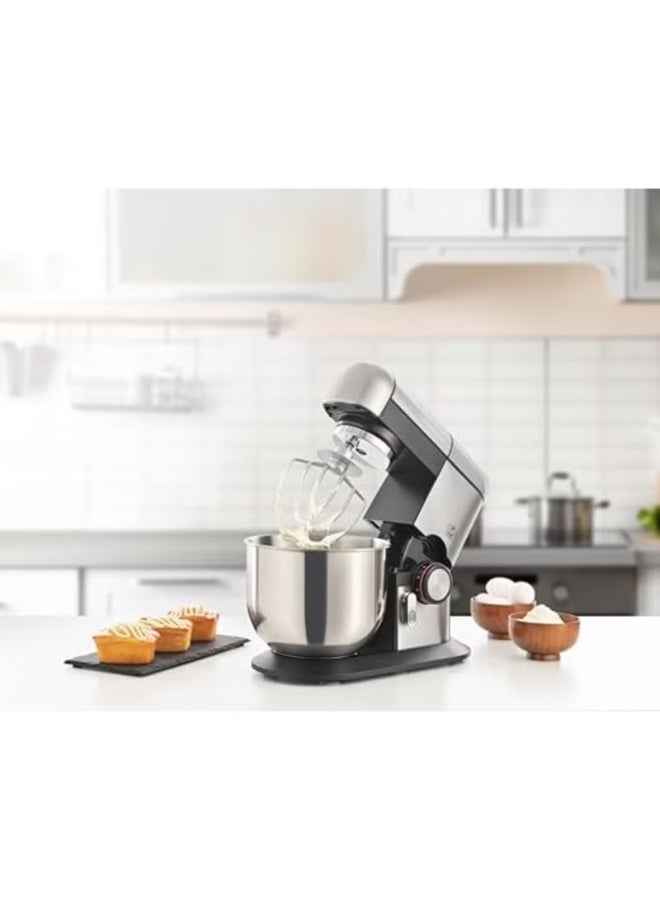 alsiaf 1400W electric mixer with a stainless steel bowl and 6 speed settings for perfect baking results. 6-liter capacity, silver/black (Model E02234), 2-year warranty. - Image 1