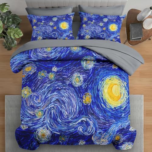 Pamnest Comforter Set Full Size, Moon Starry Night 7 Pcs Bedding for Kids and Adults, Blue Modern Star Sky Art Bed Sheet Sets with Fitted Sheet 2 Pillowcase & 2 Sham for Bedroom Bed Decor - Image 1