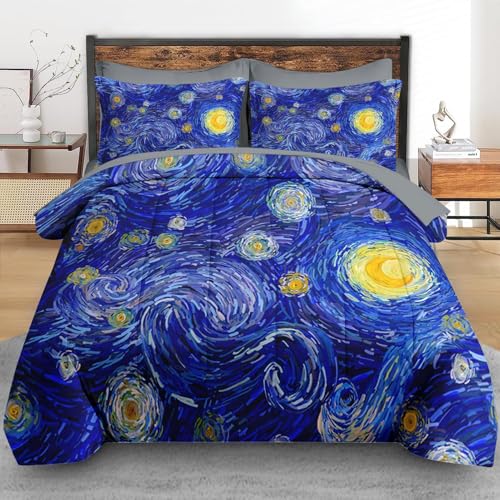 Pamnest Comforter Set Full Size, Moon Starry Night 7 Pcs Bedding for Kids and Adults, Blue Modern Star Sky Art Bed Sheet Sets with Fitted Sheet 2 Pillowcase & 2 Sham for Bedroom Bed Decor - Image 3