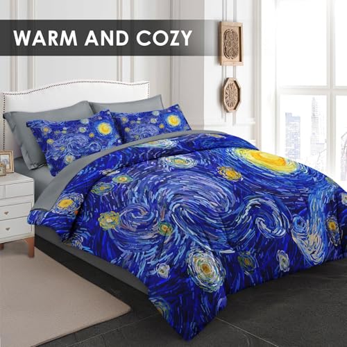 Pamnest Comforter Set Full Size, Moon Starry Night 7 Pcs Bedding for Kids and Adults, Blue Modern Star Sky Art Bed Sheet Sets with Fitted Sheet 2 Pillowcase & 2 Sham for Bedroom Bed Decor - Image 2