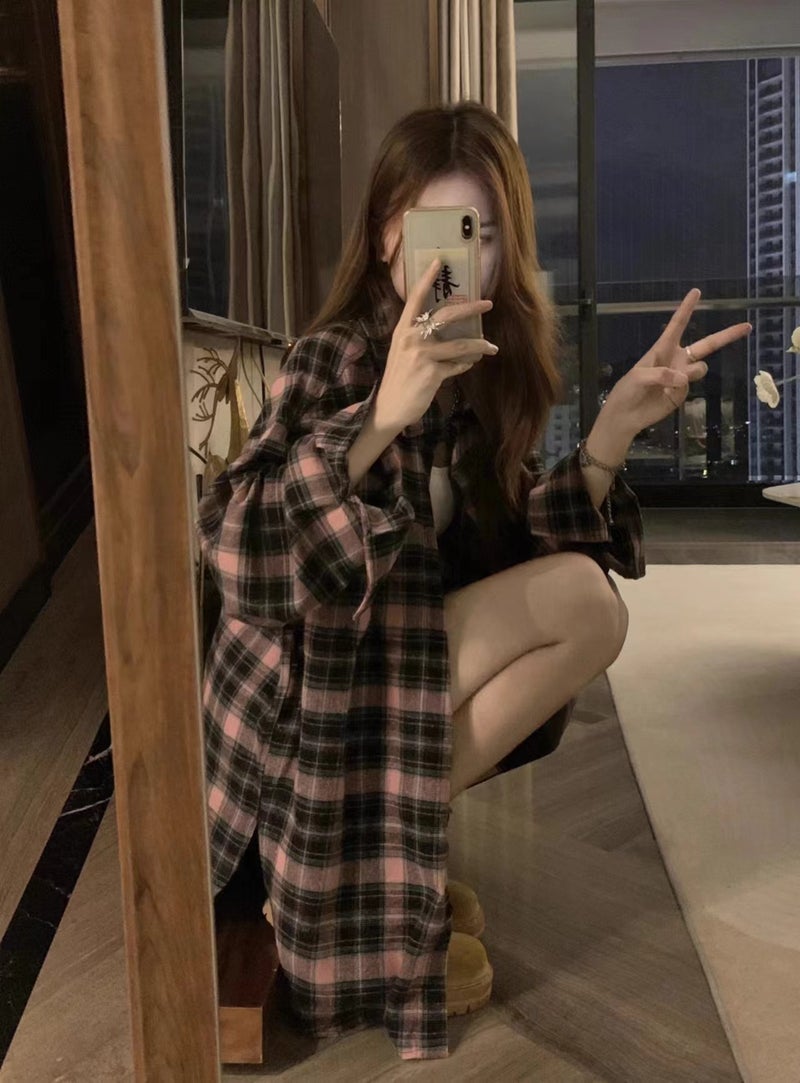 Pink Plaid Shirt Coat Womens Spring and Summer Thin Outer Cardigan Sunscreen Shirt Shawl Blouse Top Picture color