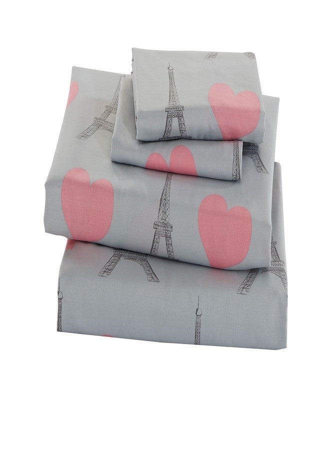 Linen Plus Sheet Set for Girls Teens Paris Eiffel Tower Hearts Grey Pink Flat Sheet Fitted Sheet and Pillow case Twin Size New - Image 1