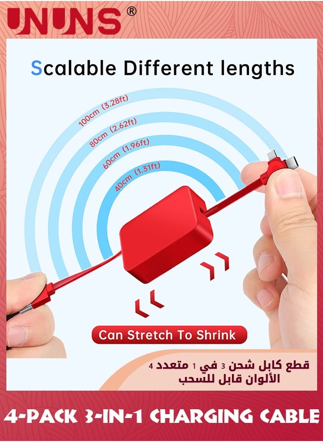 UNUNS - 4 Pcs Three in One Charging Cable Roll,Data Transfer,3-in-1 Charging Cable Retractable,Phone Holder,Compatible USB C(Type-C)/Micro USB/IP,Compatible With Phone,Android,Tablets,4 Colors - Image 1