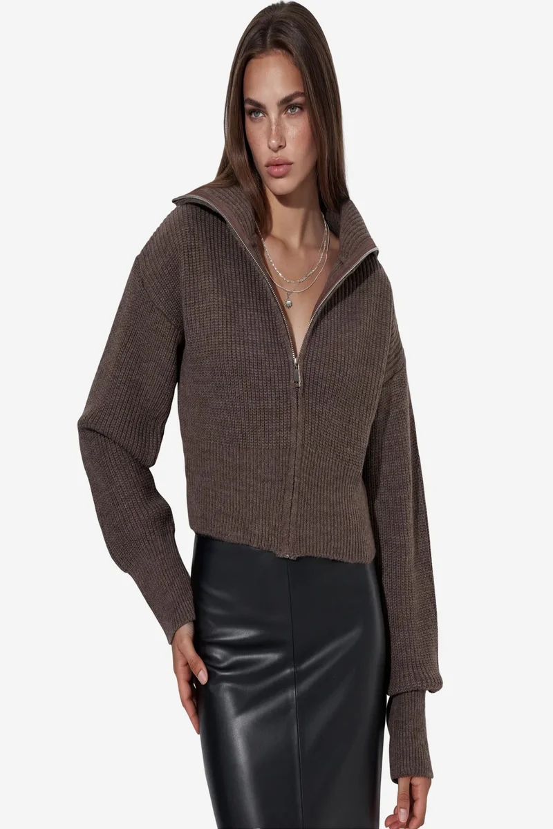 Viorna VIORNA Women’s Cropped Ribbed Zip Cardigan