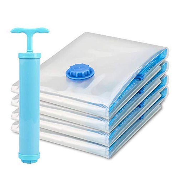 FOLDABLE VACUUM STORAGE REUSABLE ZIPLOCK SMART SPACE SAVER CLOTHES ORGANIZER BAGS PACK OF 5 2 SMALL 50 CM X 70 CM 2 MEDIUM 60 CM X 80 CM 1 LARGE 70 CM X 100 CM WITH HAND PUMP FOR TRAVEL
