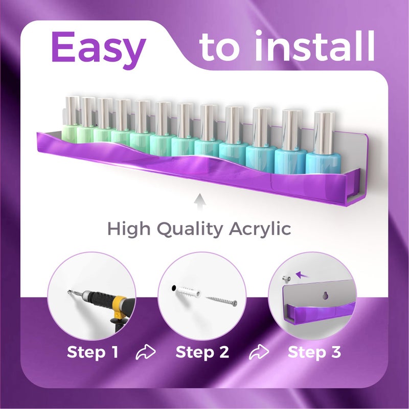 YMVV Wall-Mounted Nail Polish Organizer Rack - 15 Inch Purple Mirror Finish Nail Polish Shelf, Makeup & Beauty Essentials Storage - Multi-Purpose Display Holder for Small Space, Vanity Bathroom, 6 Pack - Image 3