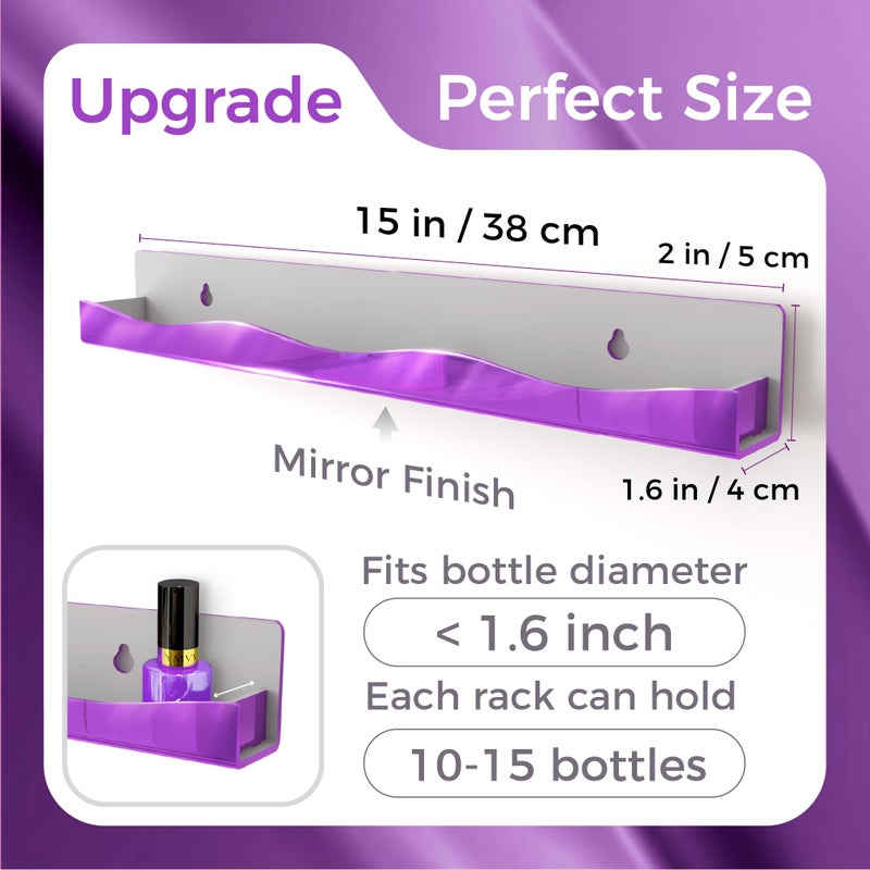 YMVV Wall-Mounted Nail Polish Organizer Rack - 15 Inch Purple Mirror Finish Nail Polish Shelf, Makeup & Beauty Essentials Storage - Multi-Purpose Display Holder for Small Space, Vanity Bathroom, 6 Pack - Image 2