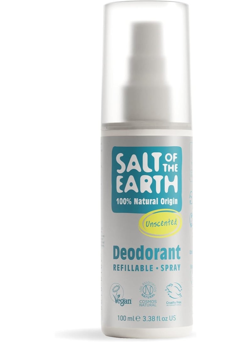 Salt of the Earth – Refillable Natural Deodorant Spray – 100% Natural Origin Ingredients - Vegan, Long Lasting Protection – Suitable For Women, Men & Kids - 100ml (Unscented)