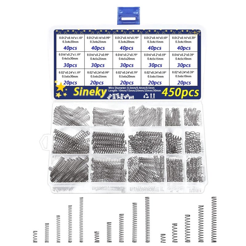 Generic Sineky 450pcs Compression Springs Assortment Kit, Small Spring Set for DIY Repair Project, 15 Different Sizes Stainless Steel Compressed Spring Kit 10-30mm (0.39"-1.18") Length  - Image 1