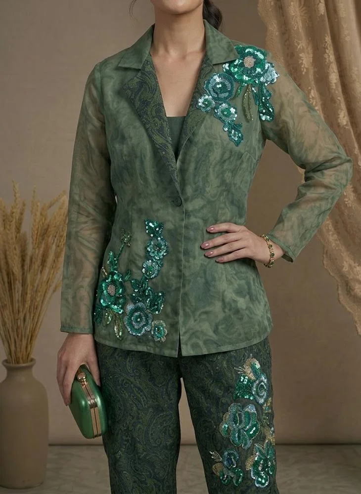 Viny VINY Green Sequin Floral Kurta & Pant Set – Women's Indian Ethnic Wear