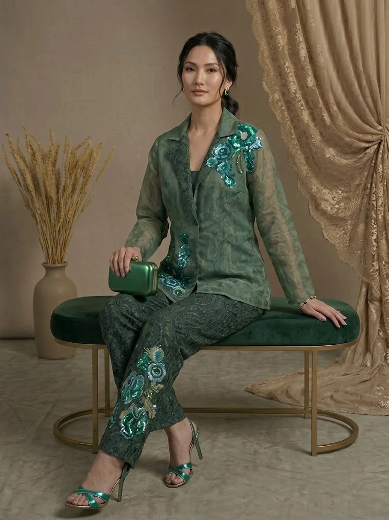 VINY Green Sequin Floral Kurta & Pant Set – Women's Indian Ethnic Wear