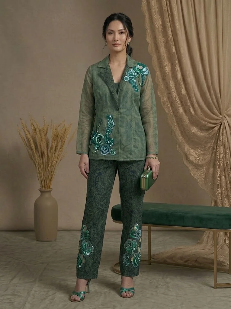 Viny  VINY Green Sequin Floral Kurta & Pant Set – Women's Indian Ethnic Wear for Women | Best Price UAE