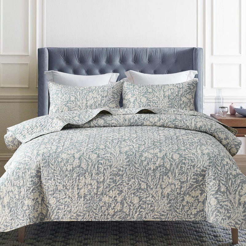 DURLENGEN Bluish Grey Botanical Quilt Set Queen Size 3Pcs Bluish Grey Printed with Beige Leaves Pattern All Season Lightweight Bedspread Coverlet SetsQueen 90x96Beige Botanical