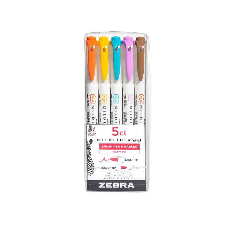 Zebra Pen Mildliner DualEnded Brush Pens Warm Color Palette 5 Assorted Colors Brush and Fine Tips No BleedThrough WaterResistant Ink for Calligraphy Journaling Planners 5Pack 79305 - Image 2