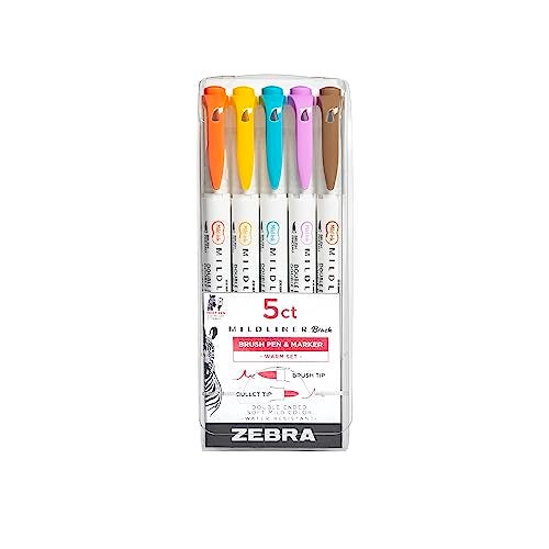 Zebra Pen Mildliner DualEnded Brush Pens Warm Color Palette 5 Assorted Colors Brush and Fine Tips No BleedThrough WaterResistant Ink for Calligraphy Journaling Planners 5Pack 79305 - Image 1