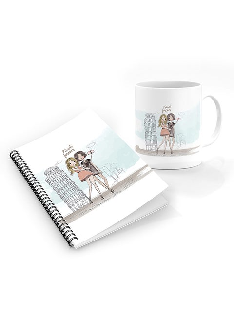 Designer Printed Coffee Mug + A5 Spiral Notebook Memo Notepad Journal Personalised Combo Gift Set Friends Forever