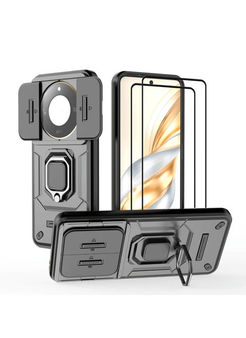 [1+2] for Honor X60 / Honor X9C Smart 5G Cover with Tempered Glass Screen Protector (2 Pcs), Mil-Heavy Duty Case with Slide Camera Protection and Kickstand Ring, Shockproof Anti-Scratch Case (Black)